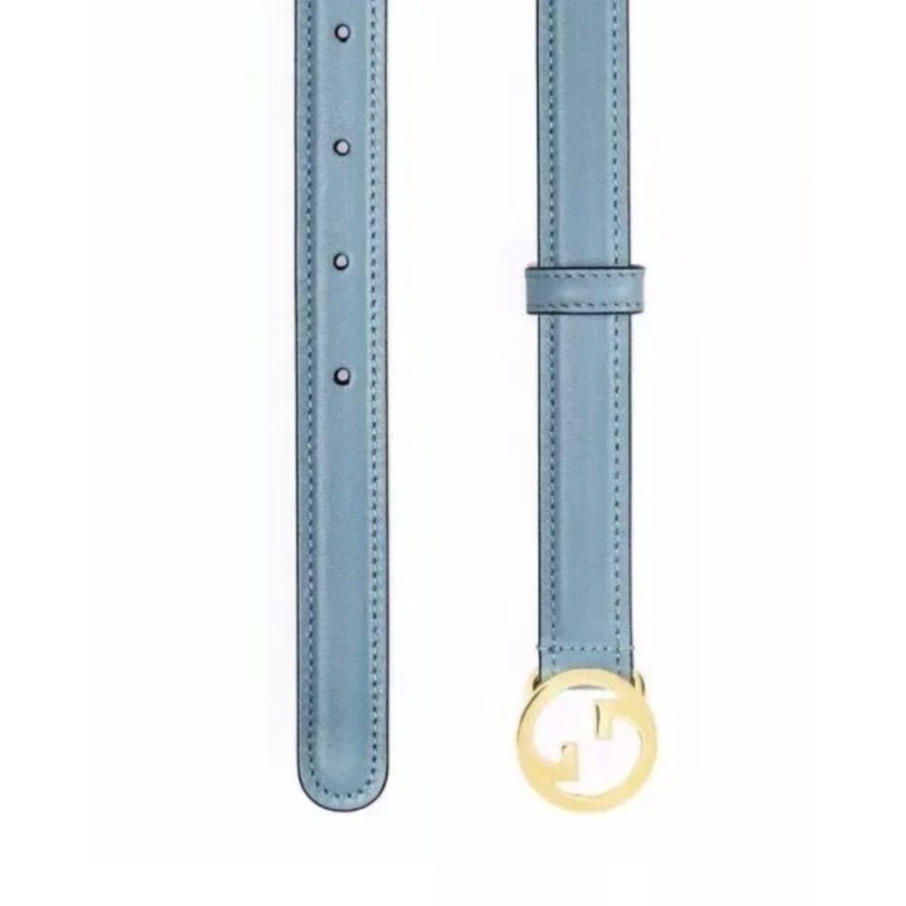 Gucci Women’s Blondie Ciny Interlocking Buckle Leather Belt Cloudy Blue 115cm 72